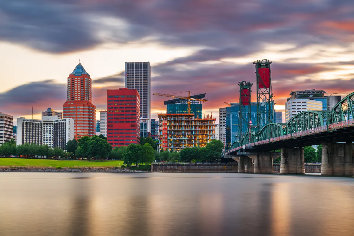Portland Oregon Downtown Portland and Willamette River at dusk