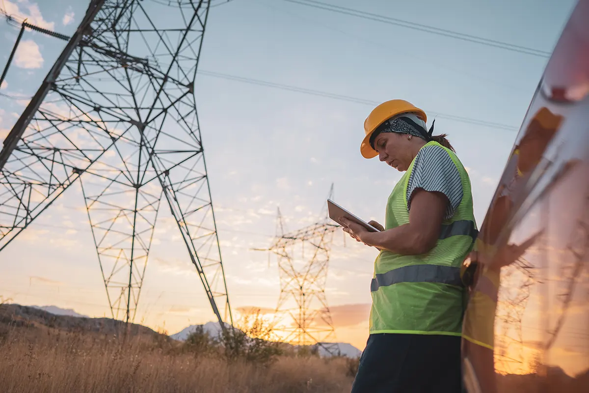 Inspecting an aging infrastructure A worker inspecting transmission lines at sunset